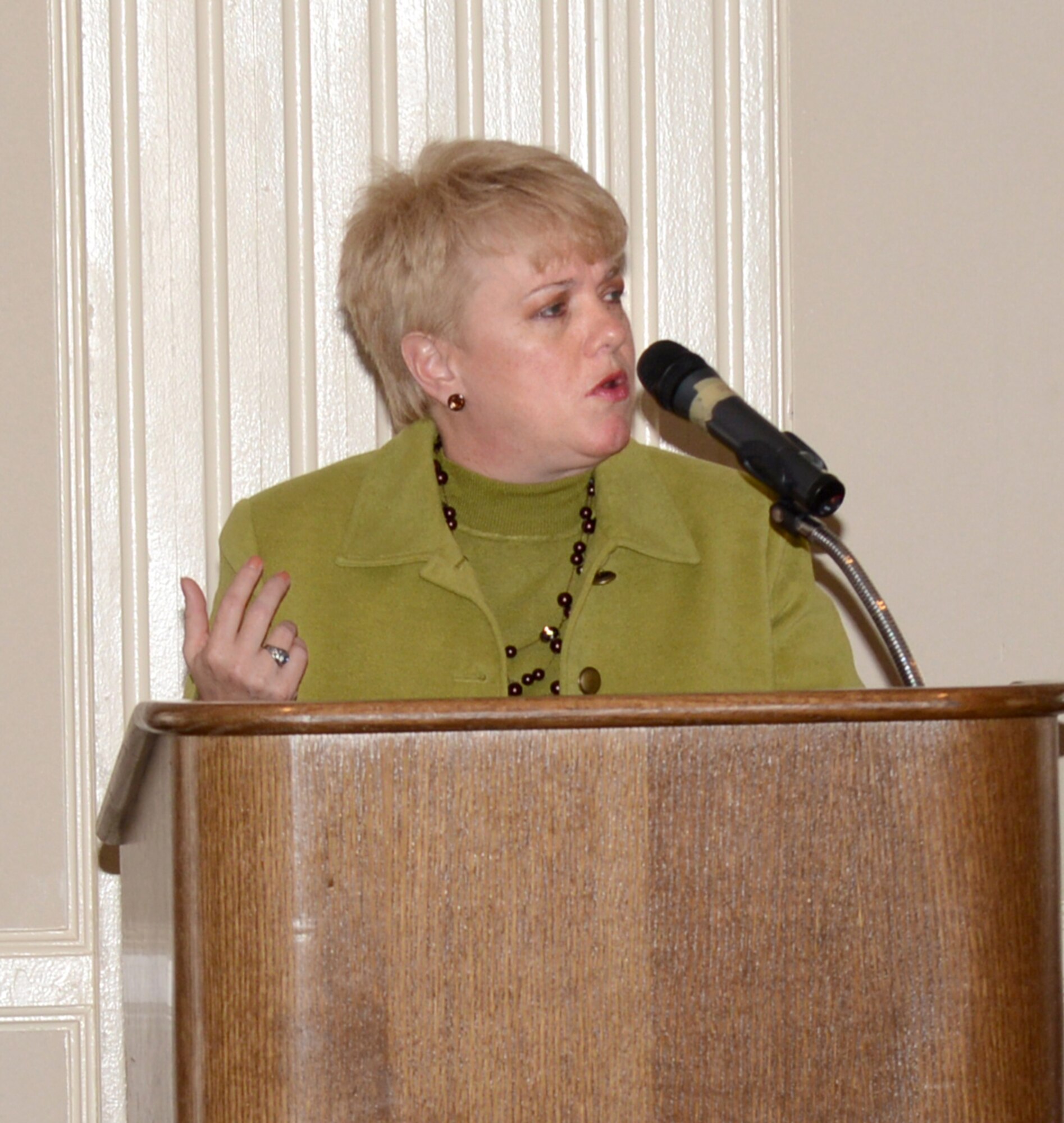 Mary Lauterbach talked to attendees at the Sexual Assault Awareness Month luncheon about her daughter’s fatal sexual assault account. (Air Force photo by Kelly White)