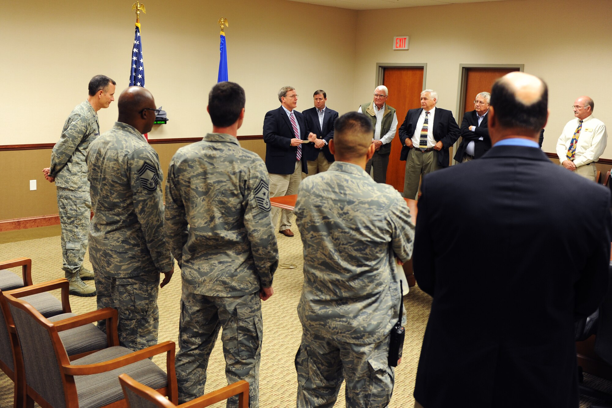 John Eunice, 23d Civil Engineer Squadron deputy base civil engineer, expresses his appreciation to the members of the South Regional Joint Development Authority (SRJDA) prior to the signing of a Transfer and Acceptance of DoD Real Property document April 22, 2013, at Moody Air Force Base, Ga. The SRJDA and the 23d CES worked together for more than four years to have 24.56 acres of land transferred over to Moody. (U.S. Air Force photo by Staff Sgt. Melissa K. Mekpongsatorn/Released)
