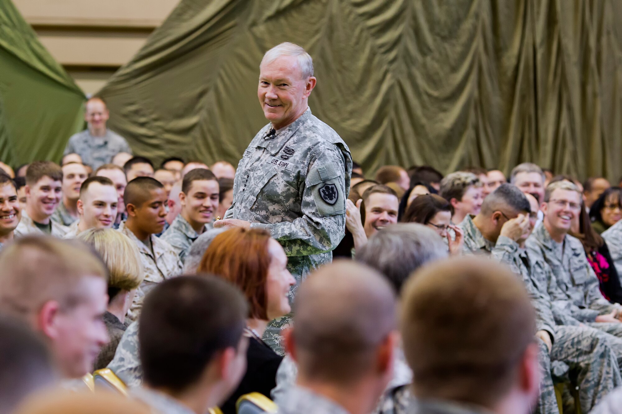 YOKOTA AIR BASE, Japan -- Army Gen. Martin E. Dempsey, chairman of the Joint Chiefs of Staff, addresses U.S. service members at Yokota Air Base, Japan, April 25, 2013. During the town hall event, Dempsey discussed major topics, including the importance of maintaining strong bilateral ties in order to ensure security throughout the Asia-Pacific region. (U.S. Air Force photo by Osakabe Yasuo)