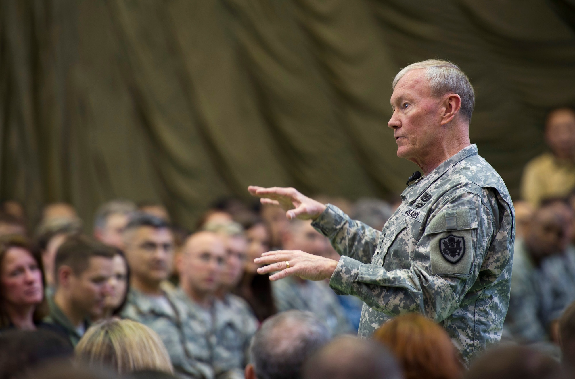 YOKOTA AIR BASE, Japan – Army Gen. Martin E. Dempsey, chairman of the Joint Chiefs of Staff, speaks with Airmen at Yokota Air Base, Japan, April 25, 2013. Dempsey addressed issues such as sequestration, regional security and the importance of staying mission ready. (U.S. Air Force photo by Staff Sgt. Chad C. Strohmeyer/Released)
