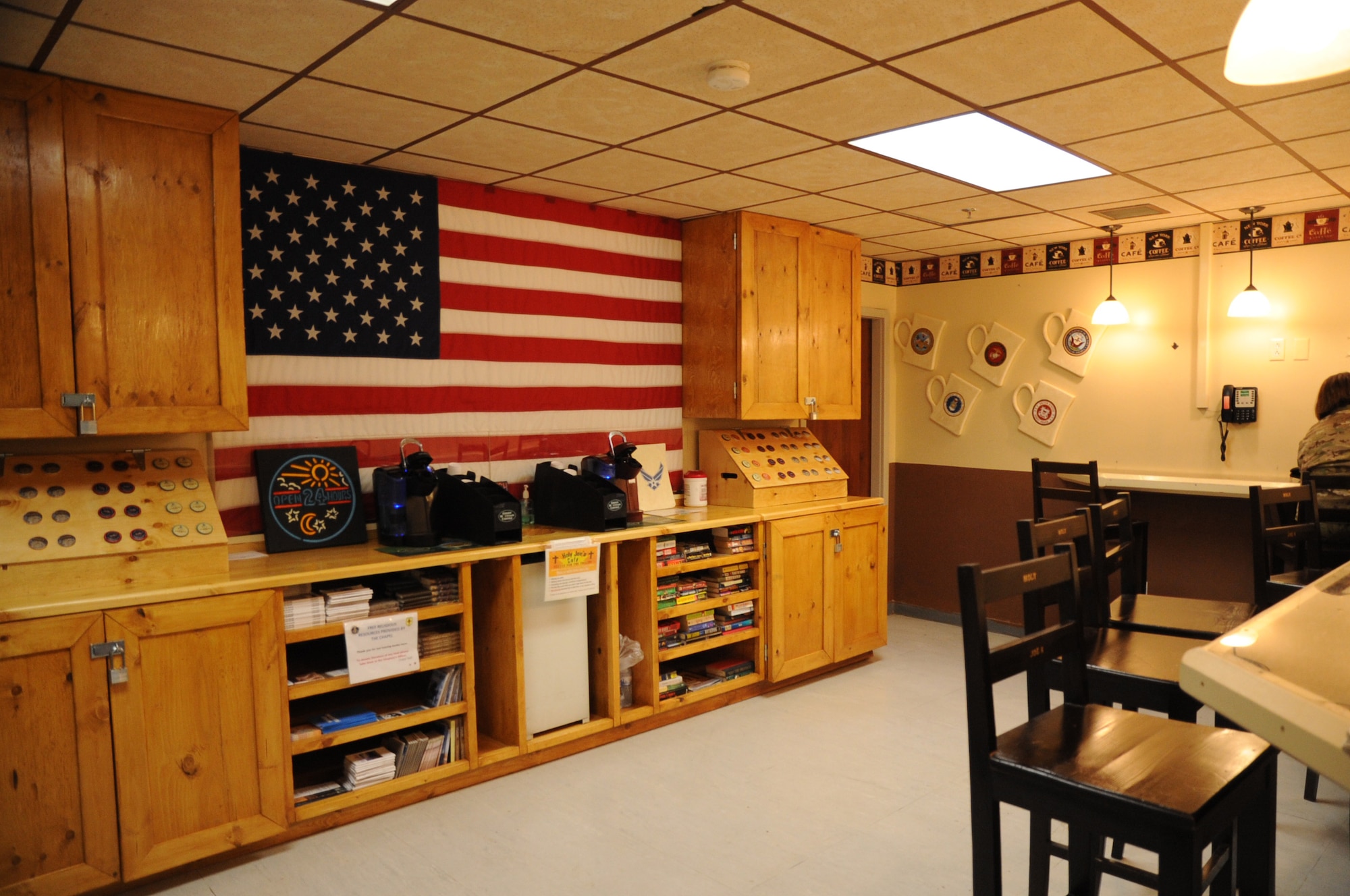"Holy Joe's" was created from a nondescript storeroom by members of the chapel team and 455th Expeditionary Medical Group. The renovation included new cabinets and counters, as well as installation of extra phones to provide a place for staff and visitors to take a break from the fast pace of hospital operations. (U.S. Air Force photo by Staff Sgt. David Dobrydney)