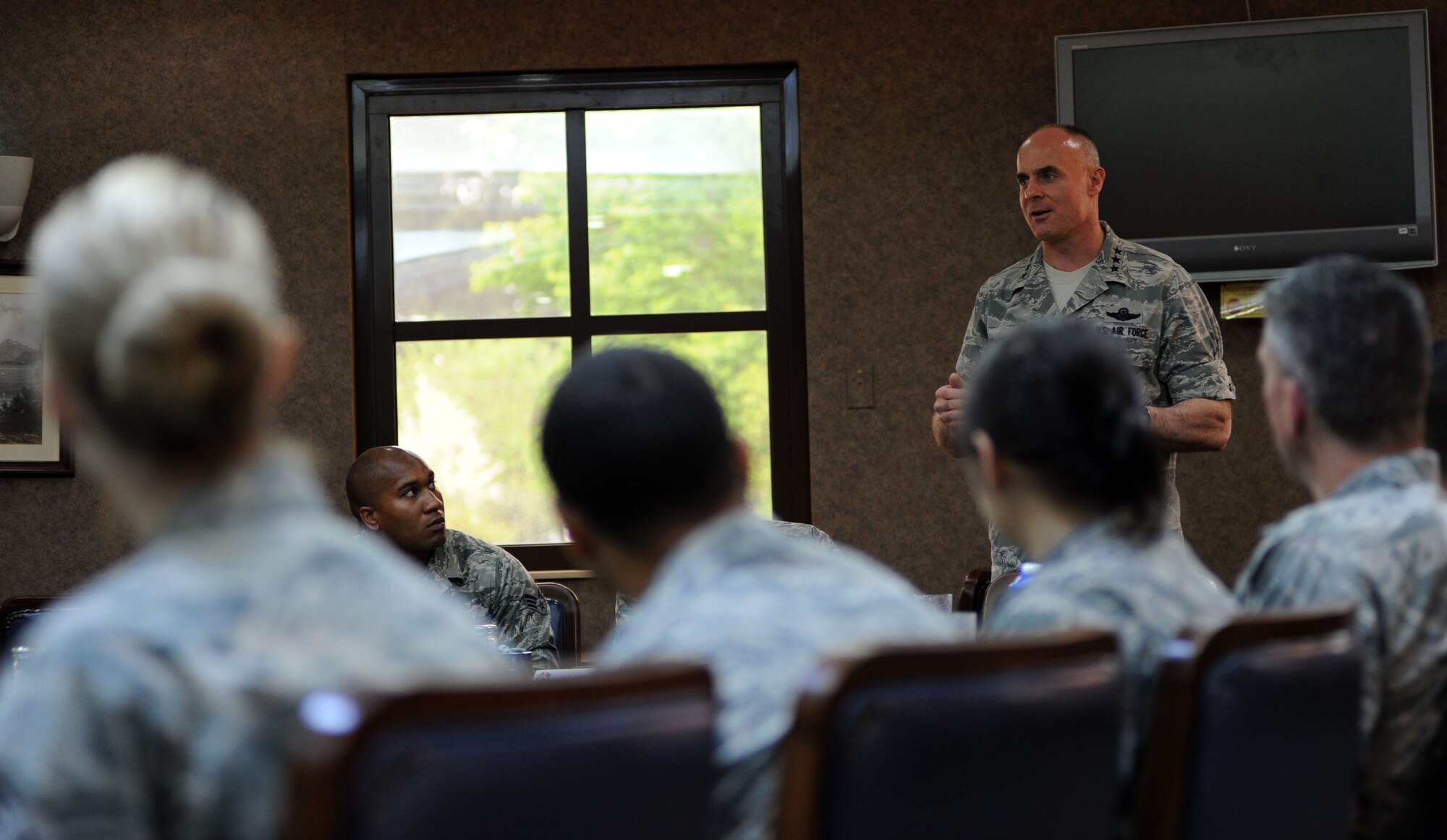 Lt. Gen. Craig A. Franklin, 3rd Air Force commander, speaks to a group of Airmen during a breakfast at the Sultan's Inn Dining Facility April 18, 2013, at Incirlik Air Base, Turkey. During his time at Incirlik, Franklin expressed his gratitude to all Incirlik Airmen for their outstanding support of global missions and operations. (U.S. Air Force photo by Senior Airman Jarvie Z. Wallace/Released)