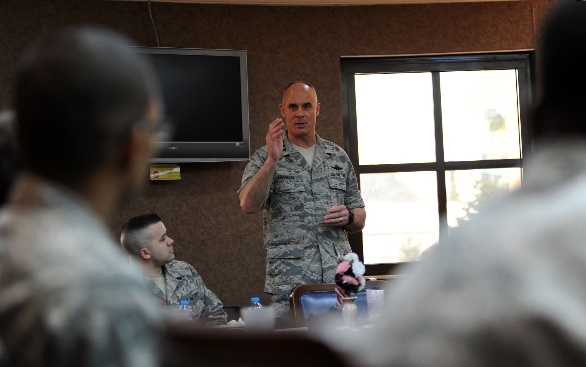 Lt. Gen. Craig A. Franklin, 3rd Air Force commander, speaks to a group of Airmen during a breakfast at the Sultan's Inn Dining Facility April 18, 2013, at Incirlik Air Base, Turkey. While at the breakfast, Franklin asked the Airmen to tell him a little about themselves and gave them the opportunity to ask questions about the Air Force. (U.S. Air Force photo by Senior Airman Jarvie Z. Wallace/Released)