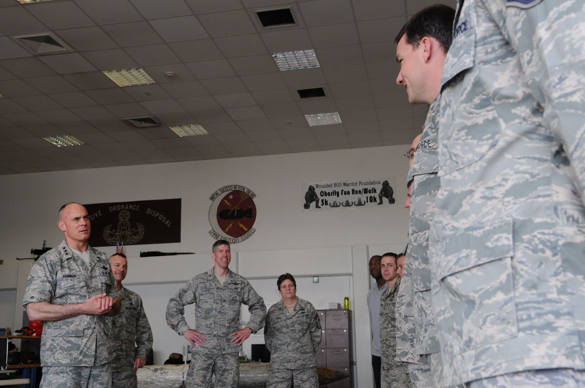 Lt. Gen. Craig A. Franklin, 3rd Air Force commander, speaks with members of the 39th Explosive Ordnance Disposal  Flight during a site visit April 18, 2013, at Incirlik Air Base, Turkey. During his time at Incirlik, Franklin expressed his gratitude to all Incirlik Airmen for their outstanding support of global missions and operations. (U.S. Air Force photo by Senior Airman Jarvie Z. Wallace/Released)