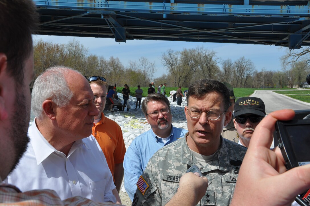 Illinois Governor Pat Quinn (left) and Major General John W. Peabody, Commander of the U.S. Army Corps of Engineers’ Mississippi Valley Division, answer questions during a press conference April 22 in Meredosia, Ill. Gen. Peabody and his staff were in the state for two days to survey and assess damage from Illinois and Mississippi Rivers flooding.