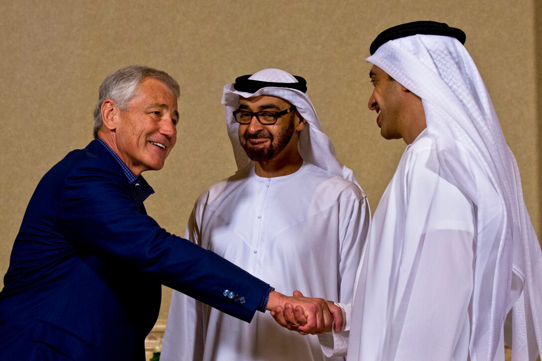U.S. Defense Secretary Chuck Hagel meets with United Arab Emirates Gen. Mohammed bin Zayed Al Nahyan, center, the deputy supreme commander of the UAE armed forces, and Sheikh Abdullah bin Zayed Al Nahyan, foreign affairs minister, in Abu Dhabi in the United Arab Emirates, April 25, 2013. Hagel met with defense leaders on his last stop of a six-day trip to the region.