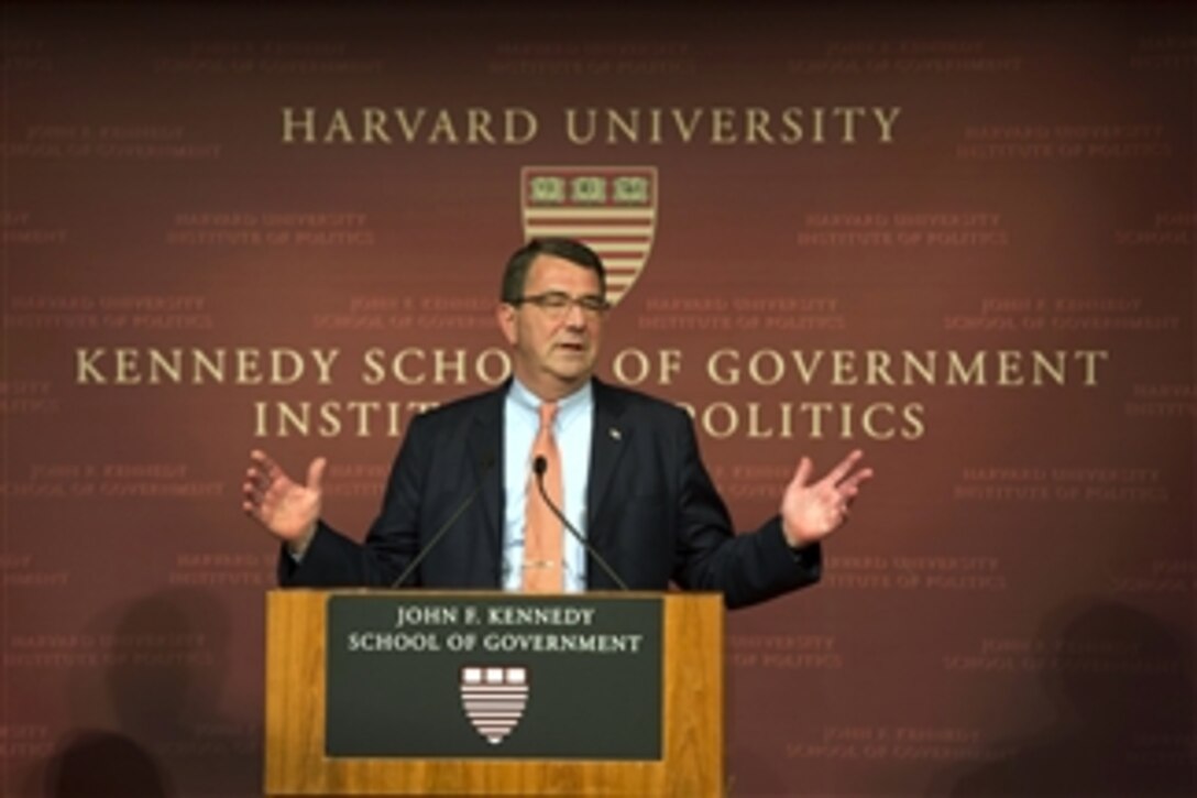 Deputy Secretary of Defense Ashton B. Carter gives his remarks during a John F. Kennedy Jr. Forum titled "Turning the Corner: Strategic and Budgetary Choices for U.S. Defense," at the Harvard Kennedy School in Cambridge, Mass., on April 23, 2013. 