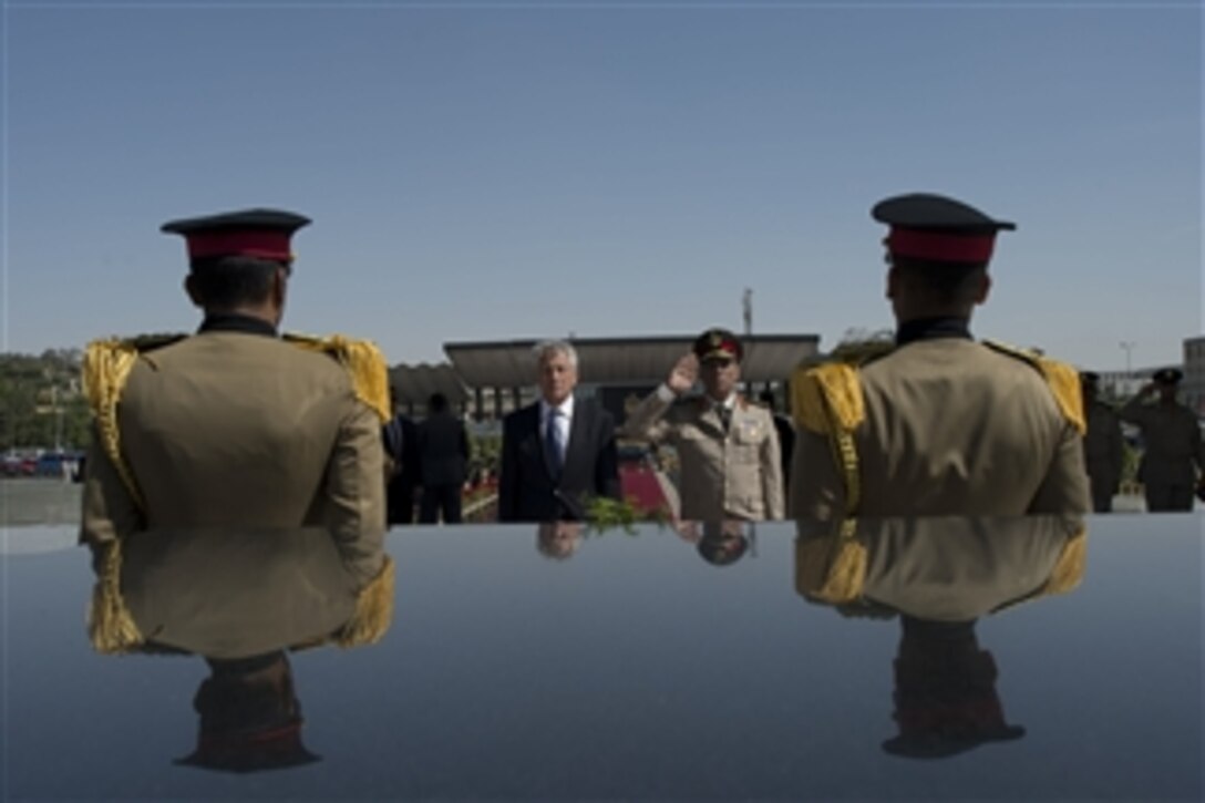 Secretary of Defense Chuck Hagel lays a wreath at the Tomb of the Unknown Soldier in Cairo, Egypt, on April 24, 2013.  Egypt is Hagel's fourth stop on a six-day trip to the Middle East to meet with defense counterparts.  