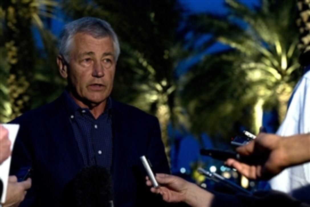 Secretary of Defense Chuck Hagel briefs the press in Abu Dhabi, United Arab Emirates, on April 25, 2013.  Hagel announced that the White House released a statement that it has evidence that Syrian President Bashar Al-Assad has used chemical weapons against the Syrian rebels.  