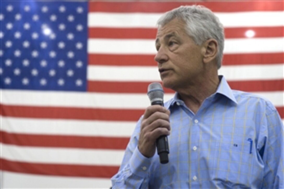 Secretary of Defense Chuck Hagel talks to airmen at an undisclosed location in Southwest Asia on April 25, 2013.  Hagel thanked the troops for their service and answered various questions including those on the effects of sequestration on the Air Force as well as sanctions on Iran.  