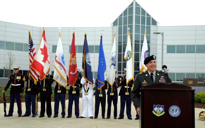 Command Sgt. Maj. Daniel R. Wood, NORAD and U.S. Northern Command command senior enlisted leader, addresses coworkers and friends during his retirement ceremony May 21 at Peterson Air Force Base, Colo. Wood served for 28 years, and was the combatant command's senior enlisted advisory for two years.