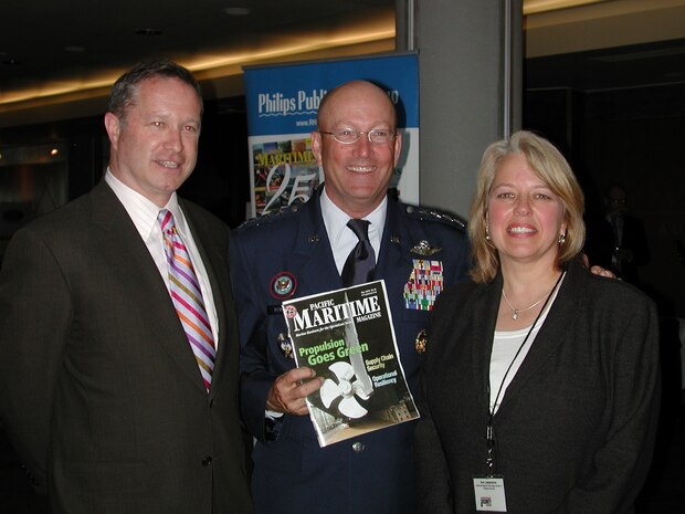 General Gene Renuart, Commander of NORAD and USNORTHCOM was a key conference speaker at the Seattle Maritime and Port Security Summit, in Seattle, Wash. May 28 - 29. Renuart shared how his two commands defend the nation, with a focus on interagency teamwork and maritime security initiatives.  He emphasized the importance of integrating efforts to develop a common picture of the maritime domain. Renuart is seen here with Peter Philips, Publisher of Pacific Maritime Magazine, and Pacific Northwest National Laboratory-Northwest Regional Technology Center for Homeland Security’s Ann Lesperance.

Photo courtesy of Pacific Northwest National Laboratory-Northwest Regional Technology Center for Homeland Security
