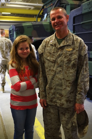 Navy Lt. Chad Hamilton, the chaplain with Combat Battalion 22, 2nd Marine Logistics Group, poses with his daughter during the take your child to work holiday aboard Camp Lejeune, N.C., April 25, 2013. Hamilton said he loves getting the chance to spend more time with his daughter. (U.S. Marine Corps photo by Lance Cpl. Shawn Valosin)