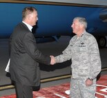 William Lynn, Deputy Secretary of Defense, is greeted by Air Force Maj. Gen. John Bordelon, North American Aerospace Defense Command and U.S. Northern Command chief of staff, as he arrives at the Peterson AFB flightline April 13. Mr. Lynn will meet with Air Force Gen. Gene Renuart, NORAD and USNORTHCOM commander, to learn more about the commands and their missions. 

(U.S. Air Force photo by Staff Sgt. Thomas J. Doscher) 

