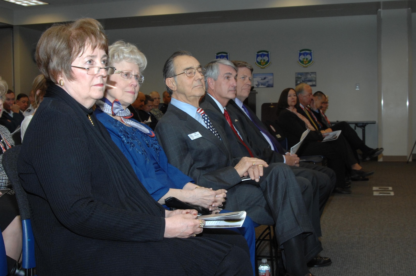 PETERSON AIR FORCE BASE, Colo. – Local community leaders were recognized during the North American Aerospace Defense Command and U.S. Northern Command Commader's Community Leader Commendation Program recognition ceremony April 26. From left to right - Dr. Pamela Shockley-Zalabak, JoAnn Henjum on behalf of her late husband, retired Air Force Col. Joe Henjum, retired Air Force Col. Bob Carlone, Brian Binn and Don Addy were received engraved medallions, framed certificates and lapel pins for their support and advocacy of the two commands. 

(U.S. Air Force photo by Staff Sgt. Thomas J. Doscher)