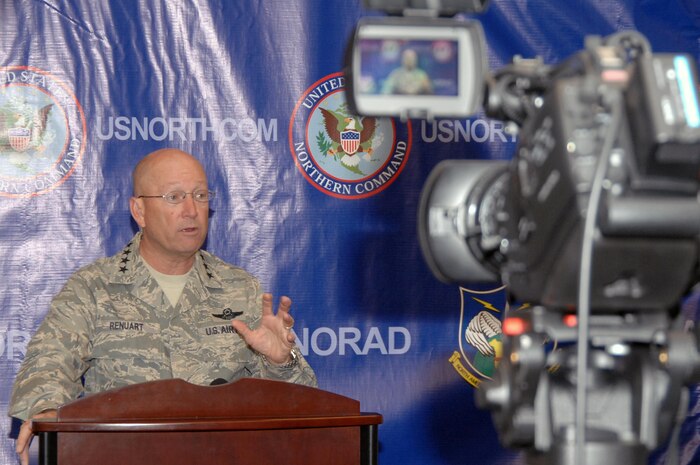 PETERSON AIR FORCE BASE, Colo. - Air Force Gen. Gene Renuart, North American Aerospace Defense Command and U.S. Northern Command commander, holds his final scheduled press conference at NORAD and U.S. NORTHCOM headquarters May 13. Renuart is scheduled to relinquish command to Navy Vice Adm. James Winnefeld May 9. 

(U.S. Air Force photo by Staff Sgt. Thomas J. Doscher) 



