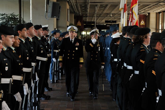 PETERSON AIR FORCE BASE, Colo. - Admiral James Winnefeld accompanied by General Walt Natynczyk inspect the troops on parade during the Guard of Honour in the Main Concourse at the National Defence Headquarters in Ottawa. 

(Canadian Forces Support Unit (Ottawa) Photo Services by Private Mathieu St-Amour) 

