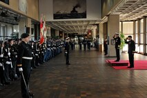 PETERSON AIR FORCE BASE, Colo. - Admiral James Winnefeld accompanied by General Walt Natynczyk salute the troops on parade during the Guard of Honour in the Main Concourse at the National Defence Headquarters in Ottawa. 

(Canadian Forces Support Unit (Ottawa) Photo Services by Private Mathieu St-Amour) 

