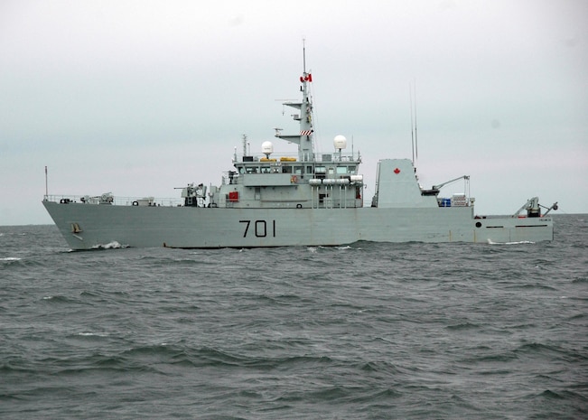 ATLANTIC OCEAN - The Canadian navy Kingston-class maritime coastal defense vessel HMCS Glace Bay (MM 701) participates in exercise Frontier Sentinel 2010. An estimated 2,500 Canadian and U.S. military personnel and government civilian agencies are participating in the annual training exercise, which involves the coordinated detection, assessment and response to a mining threat in Hampton Roads that would impede both commercial and military traffic in the Chesapeake Bay. The exercise also tests the response of military and civil authorities to a vessel that may be carrying a potential weapon of mass effect. 

(U.S. Navy photo by Mass Communication Specialist 2nd Class Rafael Martie) 

