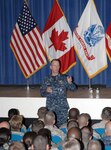 PETERSON AIR FORCE BASE, Colo. - Chairman of the Joint Chiefs of Staff Adm. Mike Mullen speaks to servicemembers during a chairman's call on Peterson AFB, May 26. Mullen took the opportunity to discuss hot topics such as suicide prevention, emerging threats and the possible repeal of Don't Ask Don't Tell. 

(U.S. Air Force photo by Staff Sgt. Thomas J. Doscher) 

