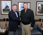 PETERSON AIR FORCE BASE, Colo. - Congressman Doug Lamborn, U.S. Representative for District 5 of Colorado, poses for a photo with Navy Adm. James Winnefeld, North American Aerospace Defense Command and U.S. Northern Command commander, during a visit to NORAD and USNORTHCOM headquarters at Peterson Air Force Base, Colo., Aug. 9. Lamborn visited the commands to get a better perspective of the roles and mission of NORAD and USNORTHCOM. 

(U.S. Air Force photo by Tech. Sgt. Aaron Bujan) 

