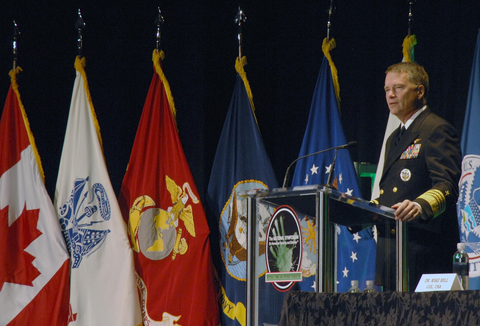 COLORADO SPRINGS, Colo. - Navy Adm. James Winnefeld, North American Aerospace Defense Command and U.S. Northern Command commander, outlines the commands' eight focus areas during a speech at the National Symposium on Homeland Security and Defense at the Broadmoor Hotel Oct. 29. The symposium brings together military, government and industrial partners to talk about security and defense threats to the U.S. 

(U.S. Air Force photo by Staff Sgt. Thomas J. Doscher) 

