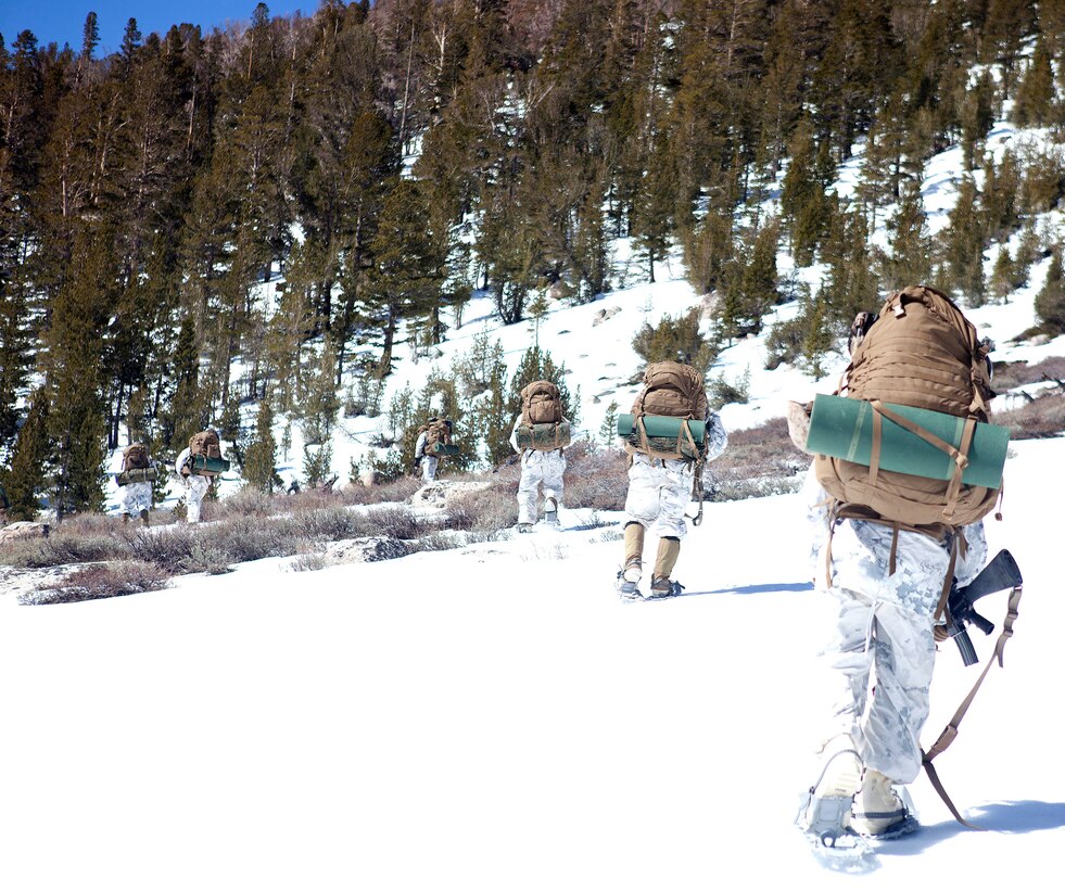 Marines with Echo Company, 2nd Battalion, 3rd Marine Regiment, hike with packs and rifles on their way to their culminating training event in a mock battle against Combat Logistics Battalion 3 at Mountain Warfare Training Center in Bridgeport, Calif., Apr. 15, 2013. The "Island Warriors" took cover and returned fire, using blank rounds, as they attempted to gain foothold of Landing Zone Woody from CLB-3. (U.S. Marine Corps photo by Lance Cpl. Suzanna Lapi)