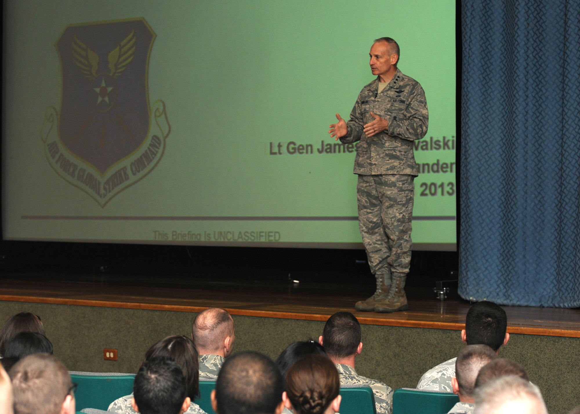Lt. Gen. James Kowalski, commander of Air Force Global Strike Command, speaks to members of Team Malmstrom during an All Call held at the base auditorium April 23.  The general discussed sexual assault, budget and the nuclear enterprise.  (U.S. Air Force photo/Airman 1st Class Katrina Heikkinen)