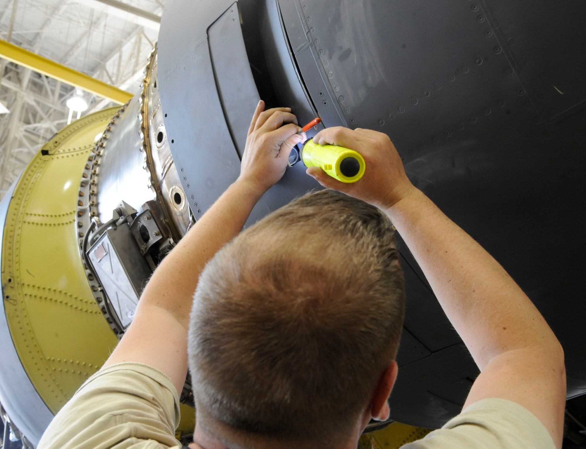 Staff Sgt. Alan Lawson, 2nd Maintenance Squadron, conducts 7-level inspections on a B-52H Stratofortress during a phase inspection on Barksdale Air Force Base, La., April 26, 2013. These inspections are done to ensure maintenance on the B-52 has been done correctly to prevent potentially catastrophic events from occurring. (U.S. Air Force photo/Airman 1st Class Andrew Moua)