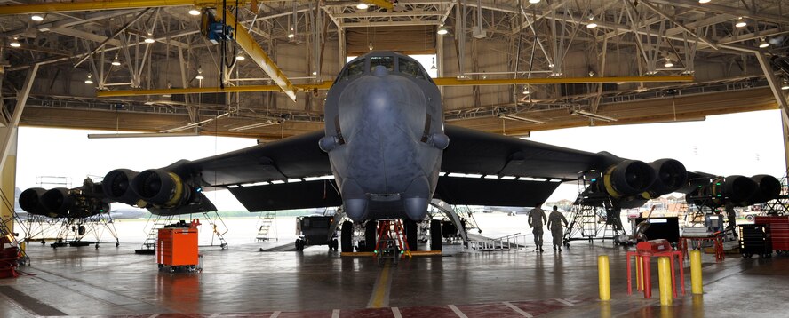 A B-52H Stratofortress undergoes a phase inspection on Barksdale Air Force Base, La., April 26, 2013. Aircraft come in for phase inspections every 450 flight hours. The inspections also include repairs to the aircraft's systems, such as the engines, electrical and life support systems, and hydraulics. (U.S. Air Force photo/Airman 1st Class Andrew Moua)