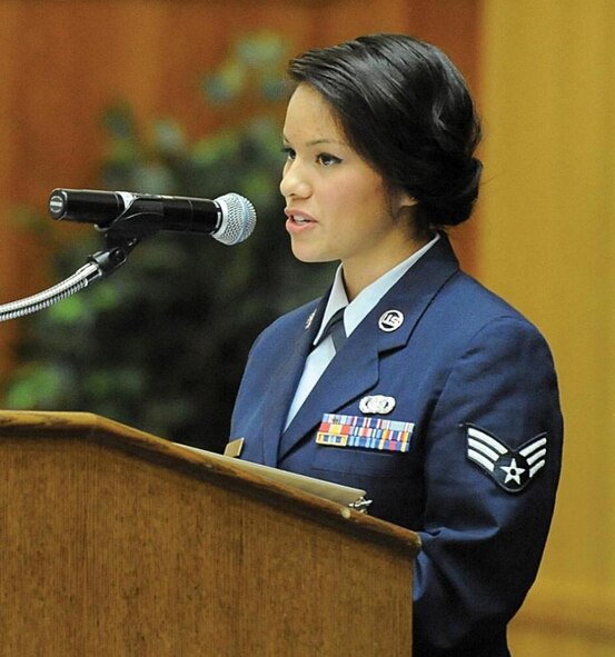 Senior Airman Eve Wolfe speaks at the Sexual Assault Awareness Month luncheon held at Hill Air Force Base, Utah, April 18. Wolfe shared her personal story of dealing with assault to help raise awareness of the topic.