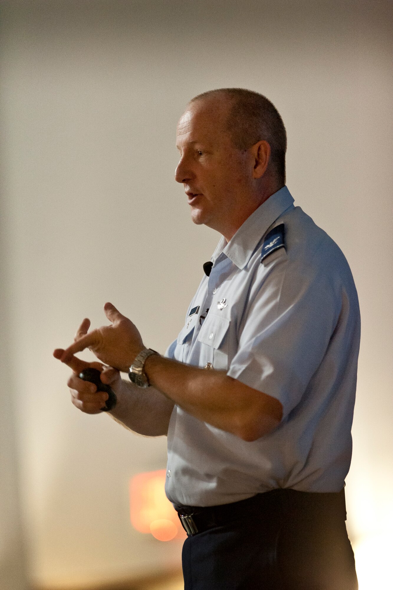 Col. Doug Slocum, the director of safety for the Air National Guard, discussed issues impacting Guardsmen and their families during the Air National Guard Readiness Center Wingman Day April 25, 2013, at Joint Base Andrews, Md. Wingman Day was institutionalized by the Chief of Staff of the Air Force in early 2012 as a recurring opportunity for commanders to address their people and for face-to-face, peer-to-peer discussions on issues that impact resiliency, stress, suicide prevention, sexual assault, substance abuse, safety, and much more. (U.S. Air National Guard photo by Master Sgt. Marvin R. Preston/RELEASED)
