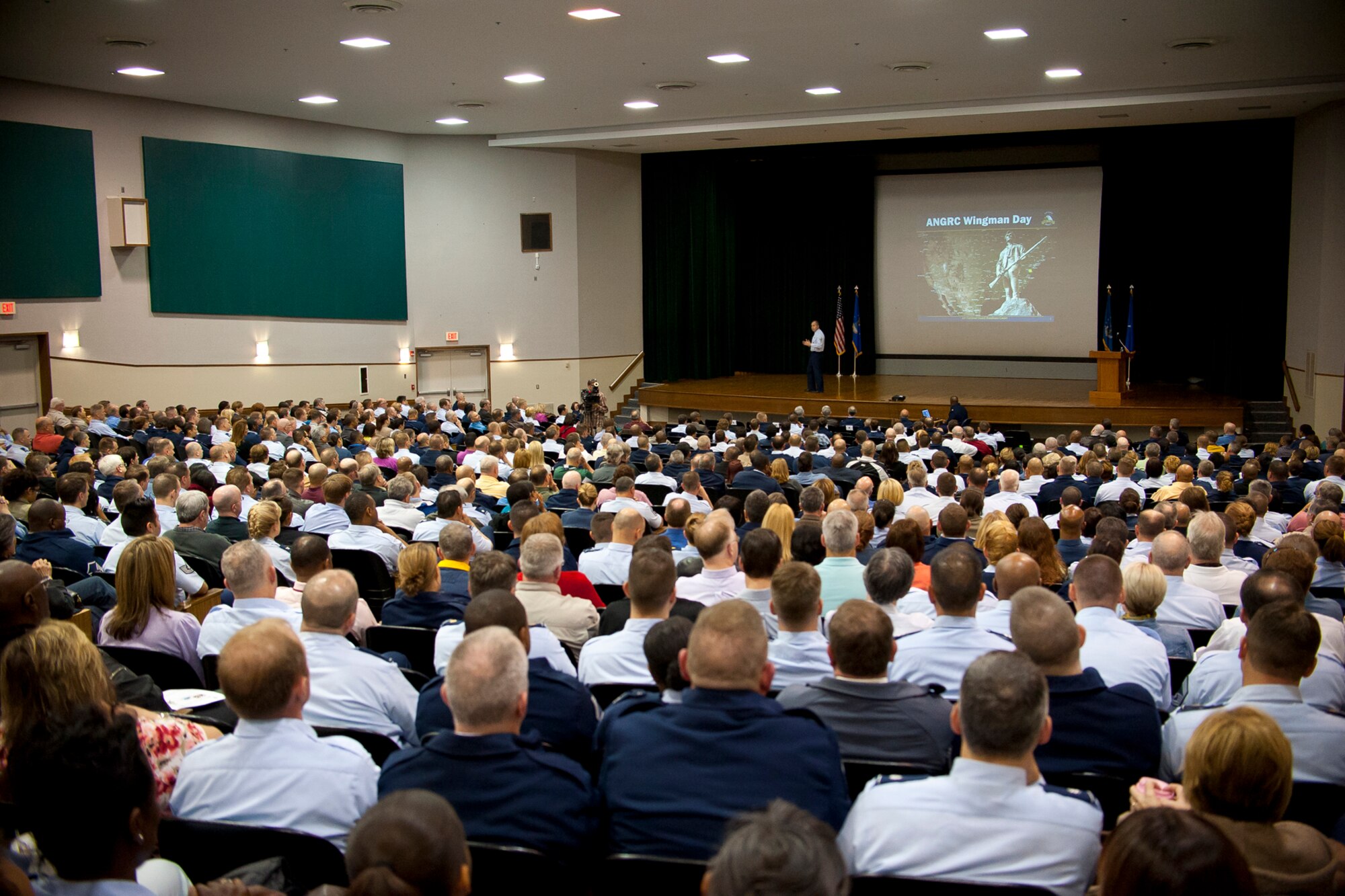 Command Chief of the Air National Guard Chief Master Sgt. James W. Hotaling discussed issues impacting Guardsmen and their families during the Air National Guard Readiness Center Wingman Day April 25, 2013, at Joint Base Andrews, Md. Wingman Day was institutionalized by the Chief of Staff of the Air Force in early 2012 as a recurring opportunity for commanders to address their people and for face-to-face, peer-to-peer discussions on issues that impact resiliency, stress, suicide prevention, sexual assault, substance abuse, safety, and much more. (U.S. Air National Guard photo by Master Sgt. Marvin R. Preston/RELEASED)
