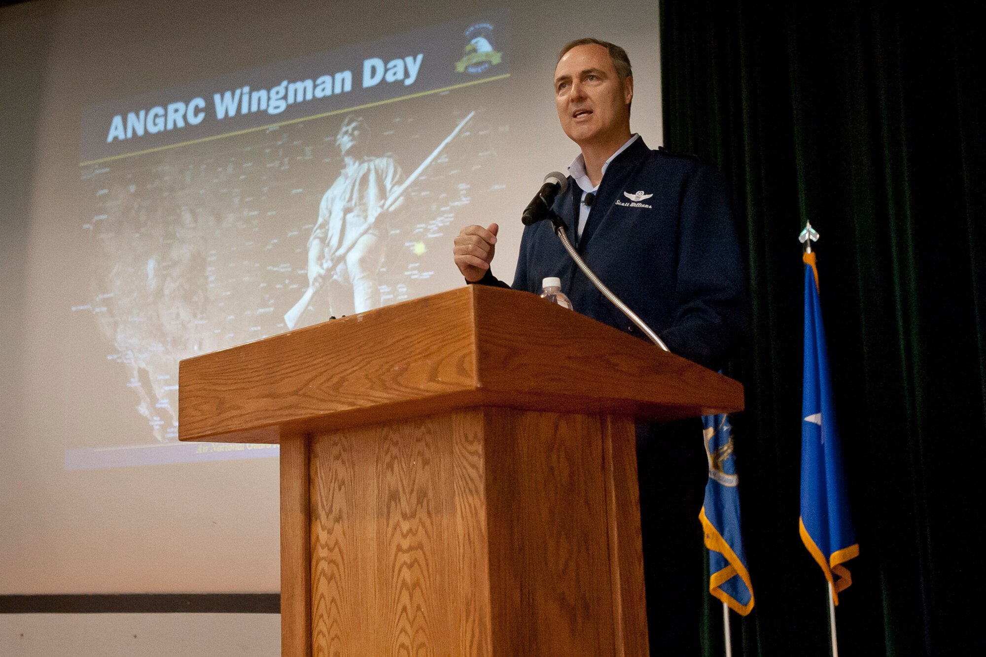 Brig. Gen. R. Scott Williams, the Air National Guard Readiness Center commander, discussed issues impacting Guardsmen and their families during the ANGRC Wingman Day April 25, 2013, at Joint Base Andrews, Md. Wingman Day was institutionalized by the Chief of Staff of the Air Force in early 2012 as a recurring opportunity for commanders to address their people and for face-to-face, peer-to-peer discussions on issues that impact resiliency, stress, suicide prevention, sexual assault, substance abuse, safety, and much more. (U.S. Air National Guard photo by Master Sgt. Marvin R. Preston/RELEASED)
