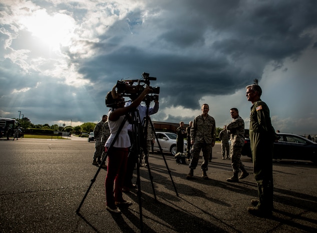 Gen. Paul Selva, Air Mobility Command commander, is interviewed by local Charleston media on the importance of the C-17 Globemaster III to the Air Force after delivering a new C-17 Globemaster III April 25, 2013, at Joint Base Charleston – Air Base, S.C. Joint Base Charleston is scheduled to receive two additional C-17s this year, as Boeing completes work on the Air Force’s final Globemasters. The first C-17 to enter the Air Force’s inventory arrived at Charleston Air Force Base in June 1993.The C-17 is capable of rapid strategic delivery of troops and all types of cargo to main operating bases or directly to forward bases in the deployment area. (U.S. Air Force photo/ Senior Airman Dennis Sloan)