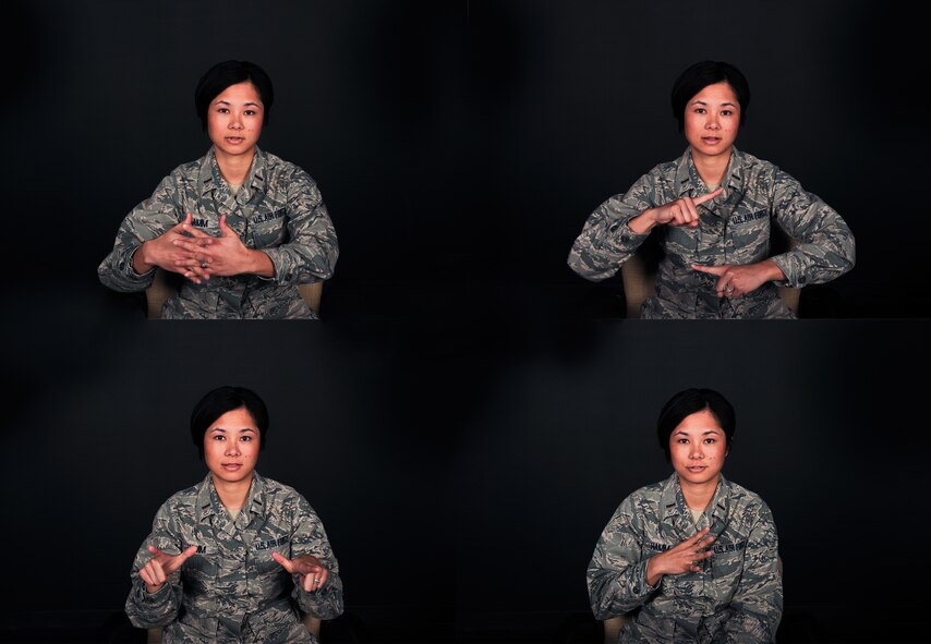 U.S. Air Force 2nd Lt. Mika Hamm, 23d Force Support Squadron readiness officer, signs the phrase “American Sign” (top row) “Language is cool” (bottom row).  She holds an associate degree in ASL and early education, and has hopes of one day being a teacher at a deaf school. (U.S. Air Force photos by Master Sgt. Sonny Cohrs, graphic composite by Staff Sgt. Samuel House/Released)