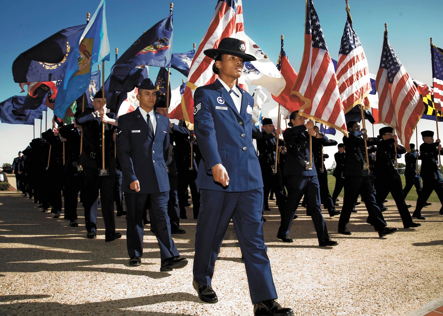 Staff Sgt. Katrevious Swift leads 322nd Training Squadron Flight 287 past the grandstands during Air Force Basic Military Training graduation at Joint Base San Antonio-Lackland April 18. Swift was the flight’s military training instructor team chief.