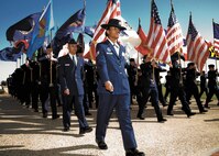 Staff Sgt. Katrevious Swift leads 322nd Training Squadron Flight 287 past the grandstands during Air Force Basic Military Training graduation at Joint Base San Antonio-Lackland April 18. Swift was the flight’s military training instructor team chief.