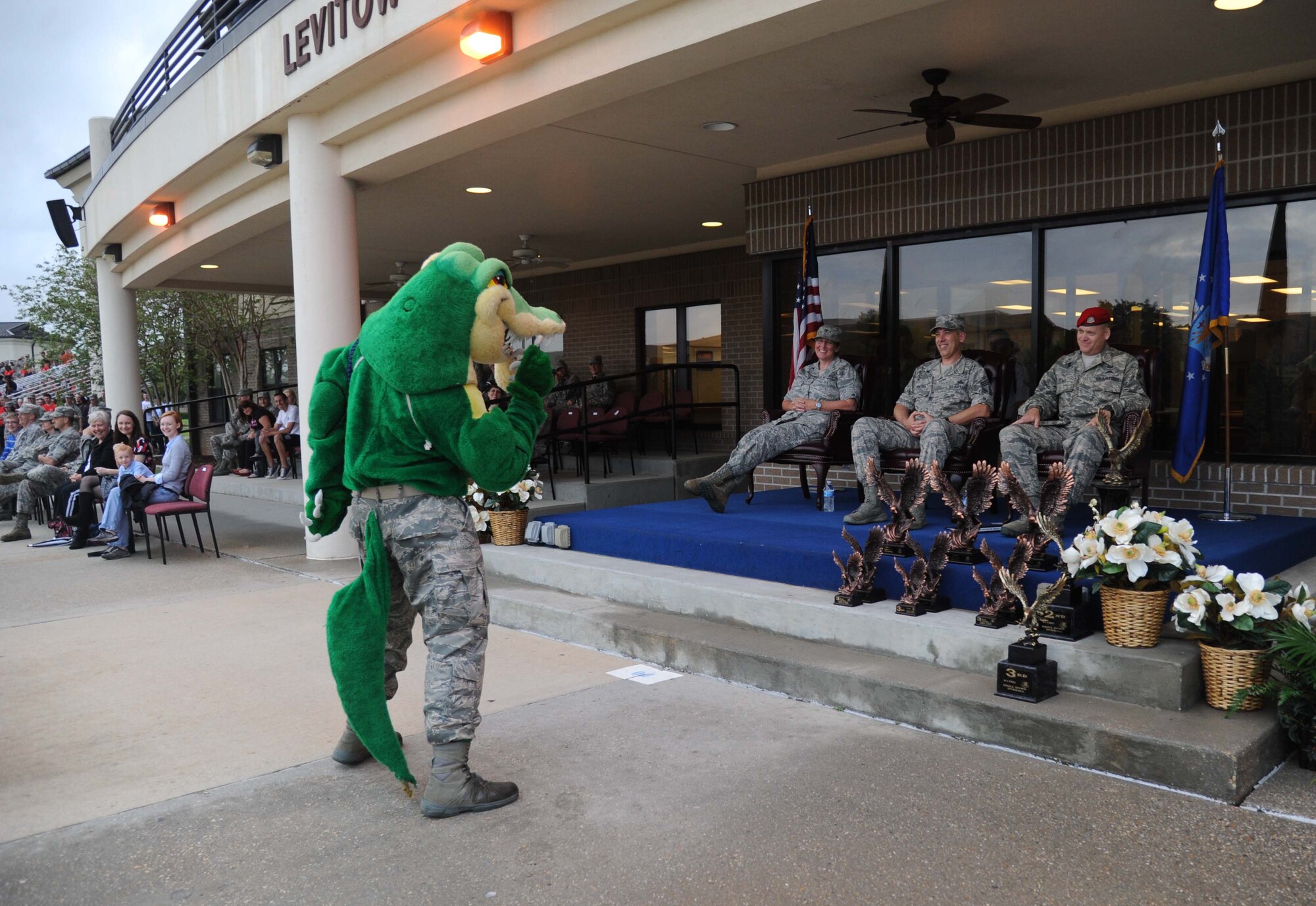 The 334th Training Squadron mascot dances in front of the reviewing official stage during the 81st Training Group drill down performance April 24, 2013, at Keesler Air Force Base, Miss.  (U.S. Air Force photo by Kemberly Groue)