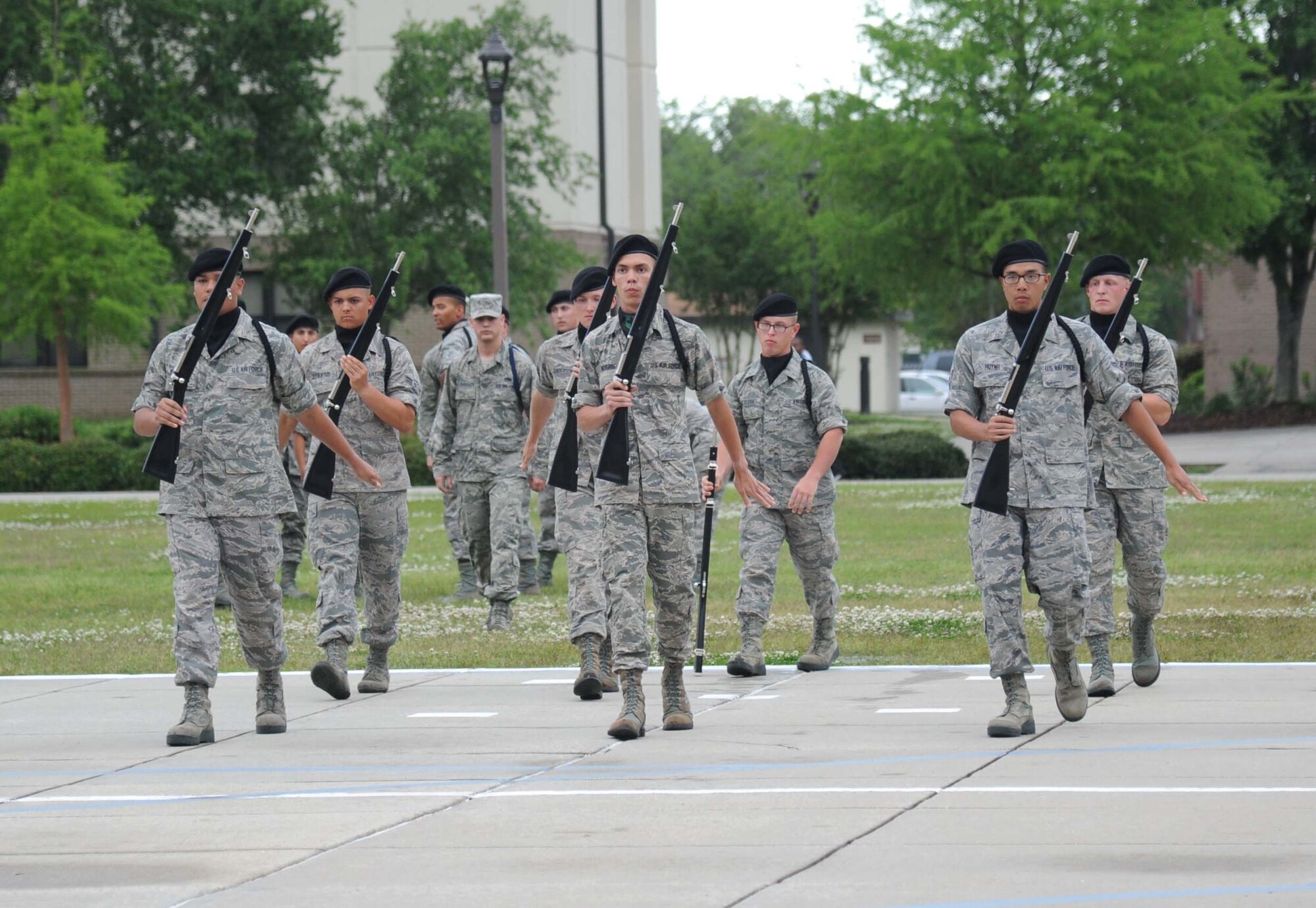 Members of the 338th Training Squadron perform in the freestyle drill competition during the 81st Training Group drill down performance April 24, 2013, at Keesler Air Force Base, Miss.  The 338th Training Squadron placed second in regulation and freestyle, and they placed third overall.  (U.S. Air Force photo by Kemberly Groue)
