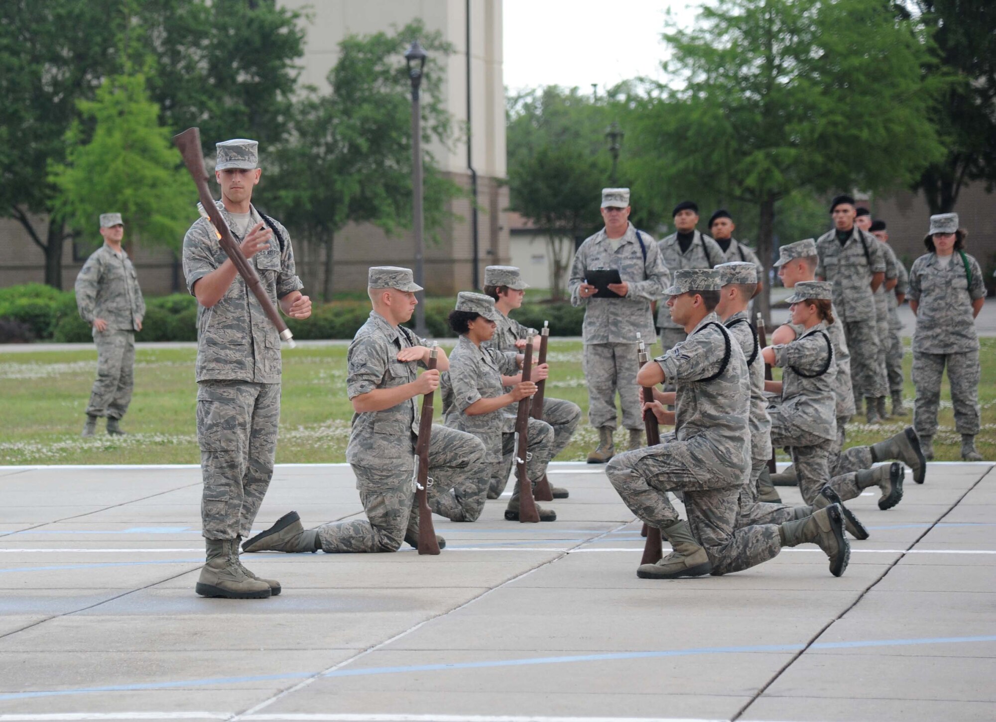 Members of the 336th Training Squadron perform in the freestyle drill competition during the 81st Training Group drill down performance April 24, 2013, at Keesler Air Force Base, Miss.  The 336th TRS placed third in the open ranks portion of the drill down.  (U.S. Air Force photo by Kemberly Groue)