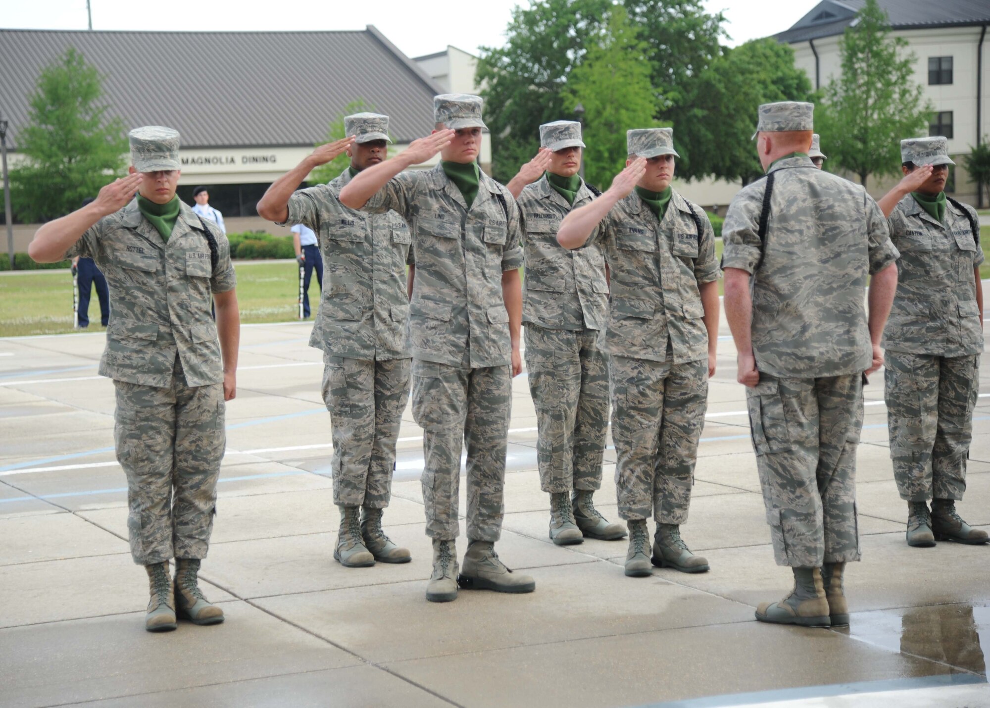 The 334th Training Squadron performs in the regulation drill competition during the 81st Training Group drill down performance April 24, 2013, at Keesler Air Force Base, Miss.  The 334th TRS placed second in open ranks and overall, and placed third in regulation and freestyle.  (U.S. Air Force photo by Kemberly Groue)