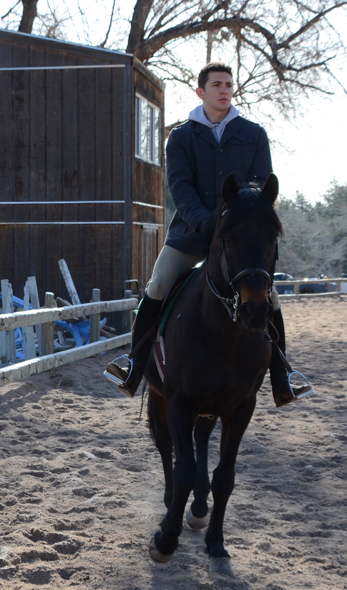Cadet 1st Class John Ploschnitznig practices English saddle riding at the Air Force Academy Equestrian Center stables before classes the morning of April 24, 2013. Ploschnitznig, who has been involved with the equestrian team here for just 19 months, is the first Academy cadet to qualify for the nationals, to be held May 2-5 in Harrisburg, Pa. (U.S. Air Force photo/Carol Lawrence)
