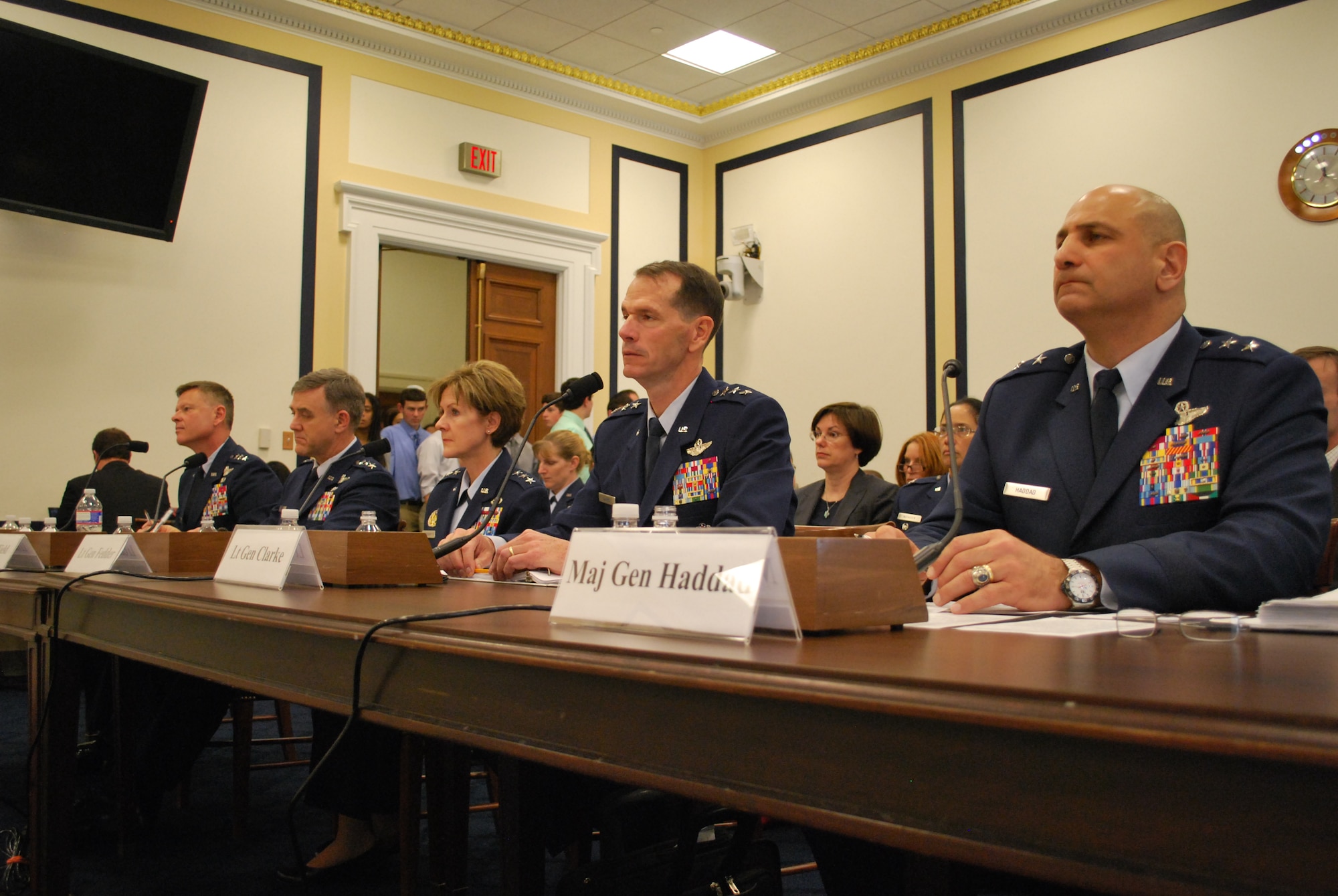 Maj. Gen. Richard S. Haddad, deputy to the chief of Air Force Reserve (right), discusses the proposed FY14 budget of the Air Force Reserve with the U.S. House Armed Services Committee, Subcommittee on Readiness on Capitol Hill, April 24.  Senior leaders from the Air Force’s active, reserve and guard programs provided statements and answered questions regarding the estimates for next year’s funding at the U.S. House Armed Services Committee, Subcommittee on Readiness. (U.S. Air Force photo/Maj. Ian Phillips)