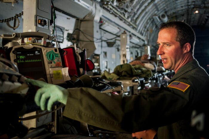 Maj. Roseann Teckman, 315th Aeromedical Evacuation Squadron flight nurse, and her team of aeromedical evacuation flight nurses and technicians set up and operated medical equipment to be used as props during the filming of an Army Wives episode aboard a C-17 Globemaster III April 23, 2013, at Joint Base Charleston – Air Base, S.C. Army Wives tells the story of four women and one man who are brought together by their common bond - they all have military spouses. The series is based on the book "Under the Sabers: The Unwritten Code of Army Wives" by Tanya Biank and is produced by ABC Television Studio and The Mark Gordon Company. (U.S. Air Force photo/Senior Airman Dennis Sloan)
