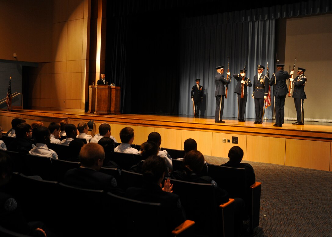 Members of the U.S. Air Force Honor Guard Drill Team perform for an AFJROTC unit at Indian River High School in Virginia Beach, Va. April 19, 2013. The team performed in conjunction with a POW recognition ceremony given by the school’s AFJROTC unit. (U.S. Air Force photo/Senior Airman Lindsey A. Porter)