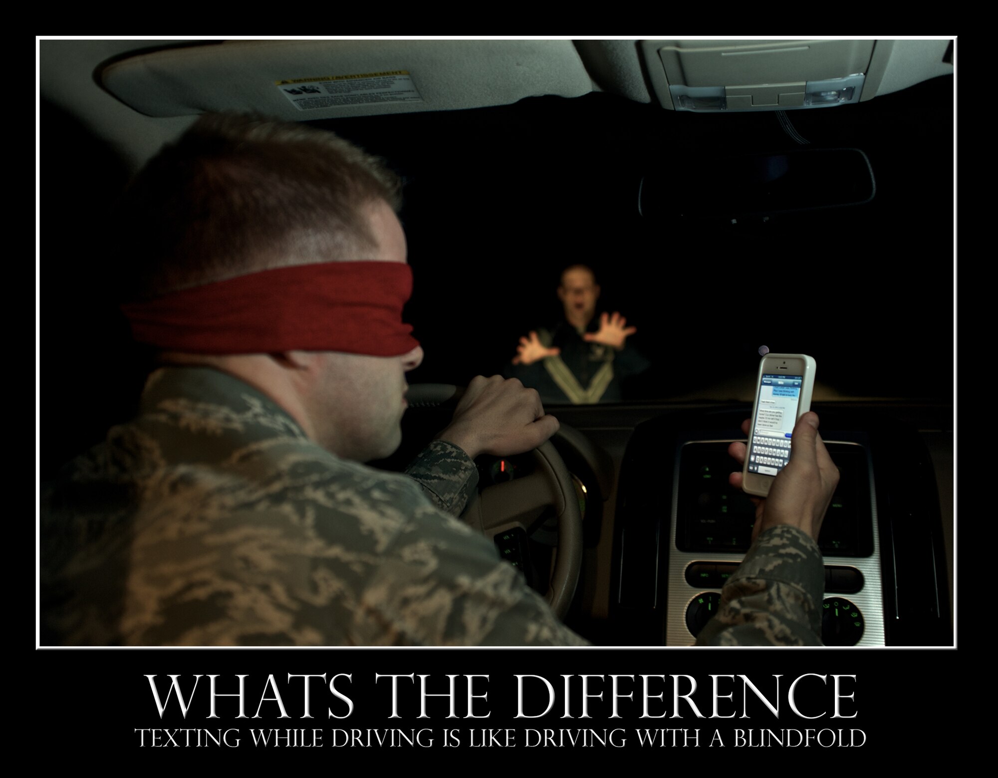 According to AFI 91-207, using cell phones, any listening device or other hand-held electronic devices that take attention away from driving is discouraged unless the vehicle is safely parked, off the roadway or they are using a single ear bud or voice-activated hands-free device, where allowed by law. (U.S. Air Force illustration by Airman 1st Class Peter Thompson/Released)