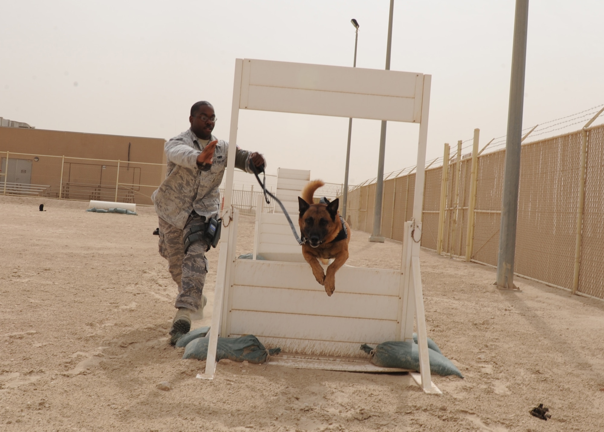 SOUTHWEST ASIA – Staff Sgt. Charles Bell and his military working dog, Nico, get some exercise at the obstacle course in the obedience yard, April 23. The course allows Nico to not only exercise, but to practice possible obstacles he might be faced with. Bell is assigned to the 379th Expeditionary Security Forces Squadron as a dog handler and both are deployed from Travis Air Force Base, Calif. (U.S. Air Force photo/Staff Sgt. Joel Mease)