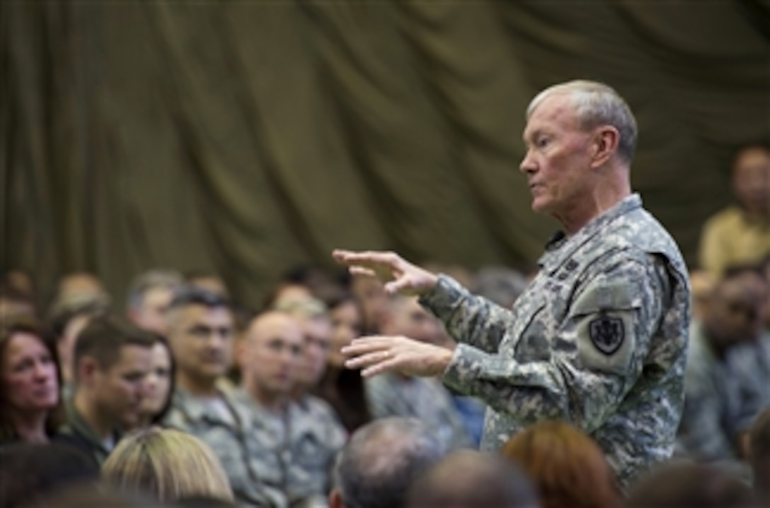 Chairman of the Joint Chiefs of Staff Gen. Martin E. Dempsey speaks with U.S. service members at Yokota Air Base, Japan, on April 25, 2013.  Dempsey addressed such issues as sequestration, regional security and the importance of staying mission ready.  