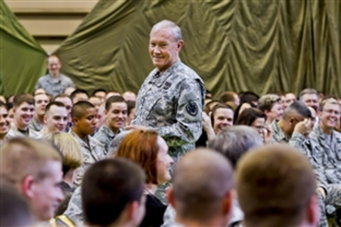 U.S. Army Gen. Martin E. Dempsey, chairman of the Joint Chiefs of Staff, addresses U.S. service members on Yokota Air Base, Japan, April 25, 2013. Dempsey addressed a variety of issues, including sequestration, regional security and readiness.